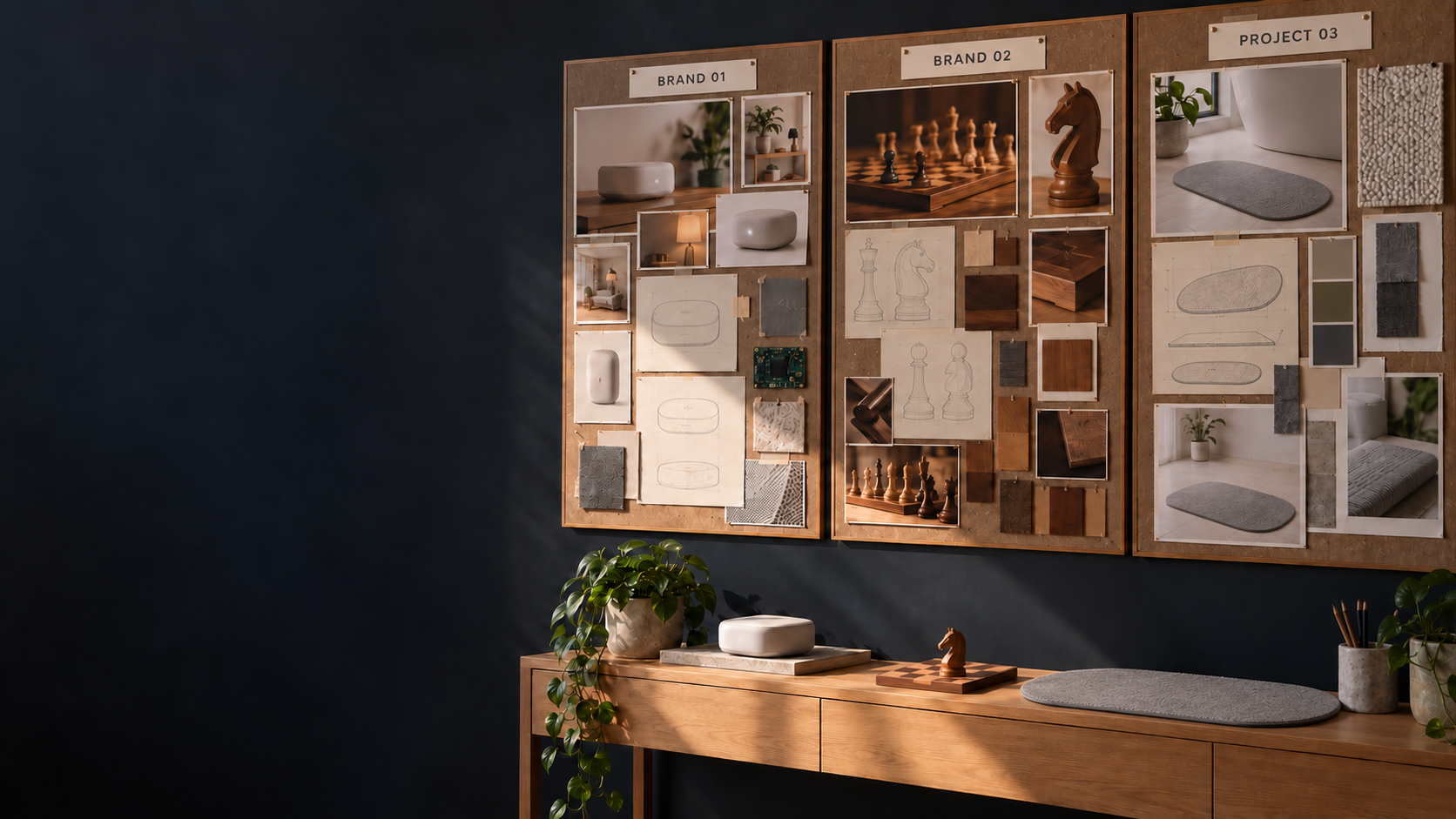 Illustrative project wall with three boards labelled Brand 01, Brand 02 and Project 03, representing existing brands and a new incubator project.