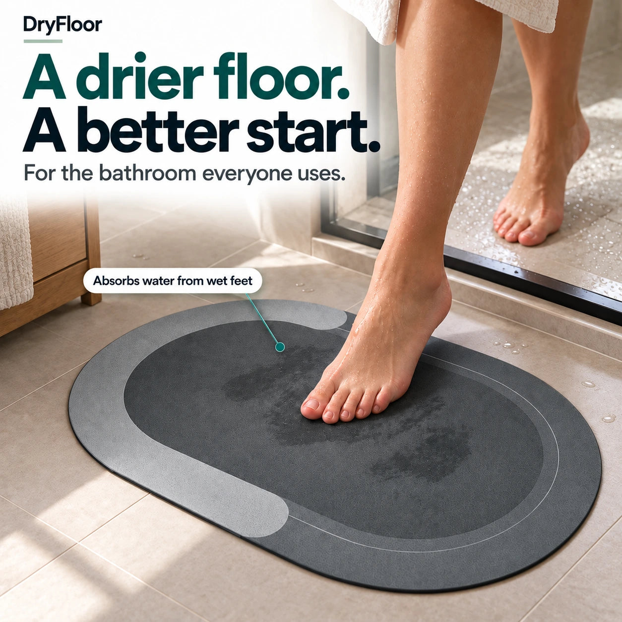 DryFloor product hero showing feet on the quick-drying mat.